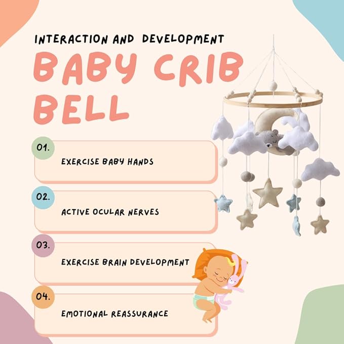 GOODMOM Sleeping Bear Baby Crib Mobile Handmade Soothing Bedtime Baby Mobile for Crib Felt Night Mood Nursery Decor for Baby Boy&Girl Easy Assembly & Durable Newborn Gift (Moon Bear)