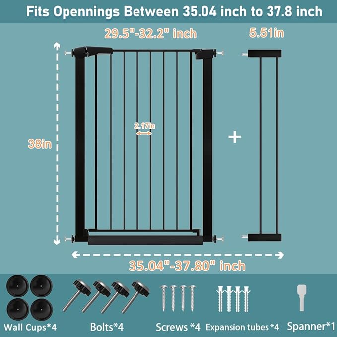 Fairy Baby 38" Extra Tall Pet Gate for Stairs, Fits Openings of 35.04" to 37.80" Wide, Extra Wide Baby Gate Indoor, Pressure Mounted Walk Thru Swing Auto Close Metal Puppy Barrier for Doorway, Black
