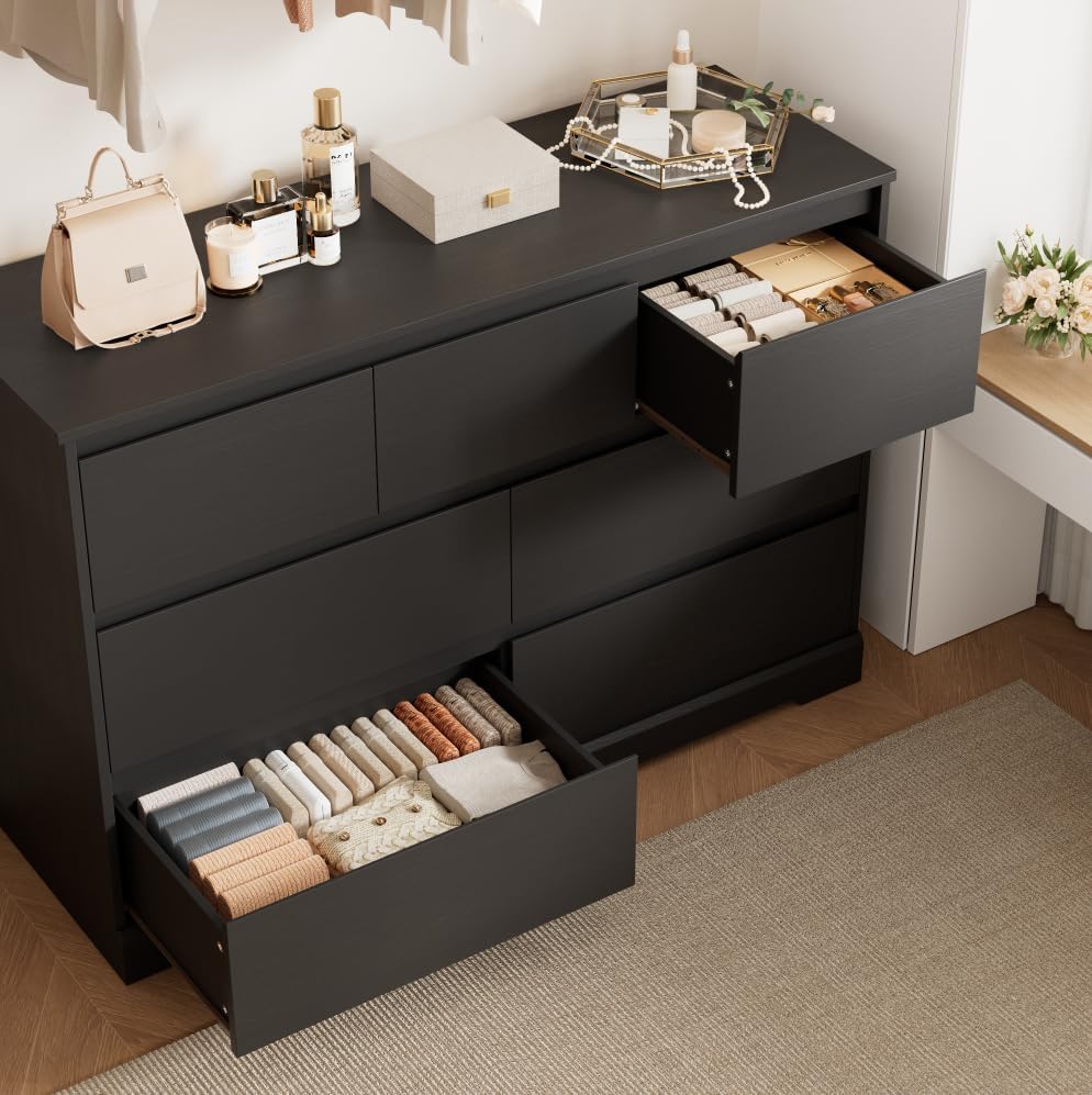 Dresser for Bedroom, Modern Black Dresser, Wood Chest of Drawers Nursery Dressers, with Storage, 7 Drawer Double with Handle Free, Large Storage Organizer for Living Room,White
