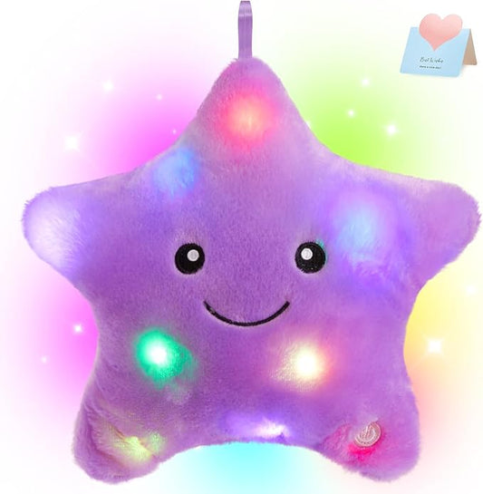 WEWILL 9'' LED Twinkle Star Soft Plush Pillow Toys Glowing Stuffed Star Light up Pillow Plush with Colorful Night Lights Birthday Valentines Gift for Toddler Kids(Purple)