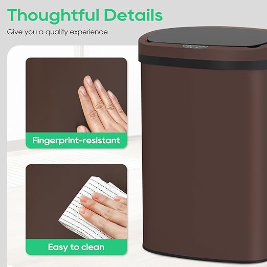 BestOffice | 13 Gallon Stainless Steel Trash Can with Lid | Brown | Automatic Touchless Garbage Can | Odor Control | Modern Oval Design | Easy to Clean | Fits Any Kitchen, Bathroom, Office or Home