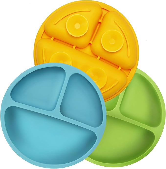 PandaEar Divided Unbreakable Silicone Baby and Toddler Plates - 3 Pack - Non-Slip - Dishwasher and Microwave Safe - Silicone (Blue Green Yellow)