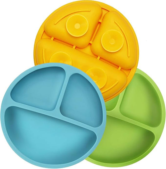 PandaEar Divided Unbreakable Silicone Baby and Toddler Plates - 3 Pack - Non-Slip - Dishwasher and Microwave Safe - Silicone (Blue Green Yellow)