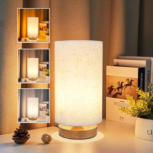 3-Color Adjustable Bedside Table Lamp for Bedroom,Minimalist Wood Base&Round Fabric Shade,Cozy Lighting Nightstand Boho Lamp,Study Reading Desk Night Stand Light for Living Room,Office,kitchen,Nursery