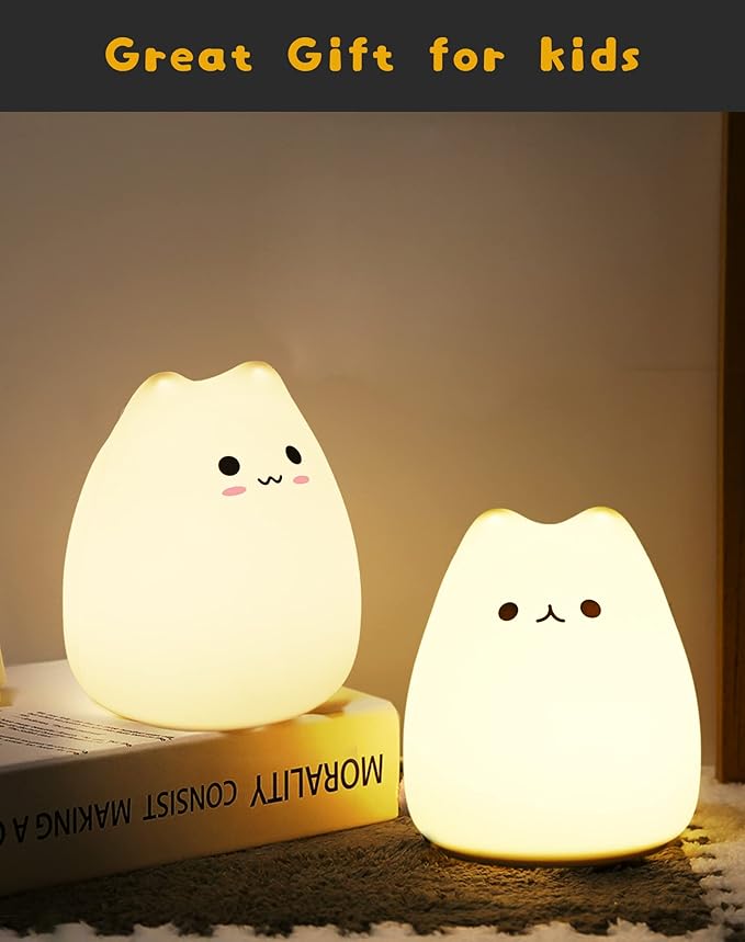 LED Cat Night Light, Battery Powered Night Light for Kids, Silicone Multicolor Cute Lamp with Warm White and 7-Color Breathing Mode, Christmas Gifts for Kids, Baby, Children (Celebrity Cat)