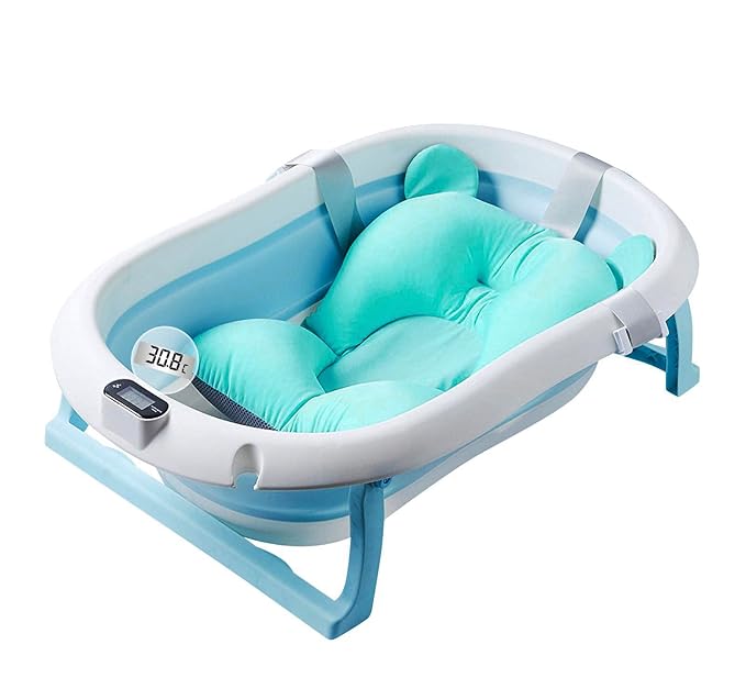 Foldable Baby Bath Tub,Newborn Baby Tub with Soft Bath Mat and Real Time Water Temperature Display(Blue Bath Tub + Bath Mat)