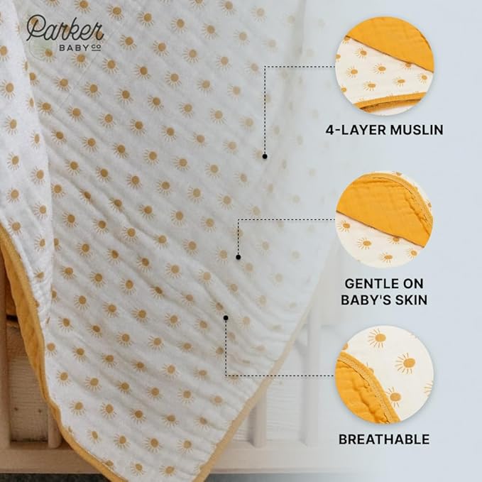 Parker Baby Muslin Blanket | 100% Soft Cotton Toddler Quilt & Baby Muslin Swaddle | Gender Neutral Design 47" x 47" Blanket