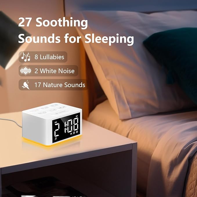 【3 in 1】 Sound Machine Dual Alarm Clock Night Light White Noise Machine 27 Sleeping Sounds for Adults Kids Precise 32 Level Volume Sleep Timer Memory Function Digital Clock with 30 Wake Up Sounds