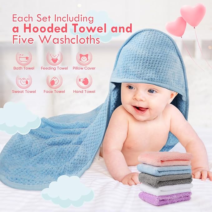 Orighty Baby Hooded Towel with Five Washcloths, 28 x 28 Inch Super Soft Bath Towel with Hood for Babies, Infant, Newborn Essential - Ideal Baby Stuff Registry for Boys and Girls (Blue)