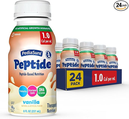 PediaSure Peptide 1.0 Cal, Peptide-Based Formula, Sole-Source Nutrition Drink for Tube Feeding or Oral Nutrition, Vanilla, 8-fl-oz Bottle, Pack of 24