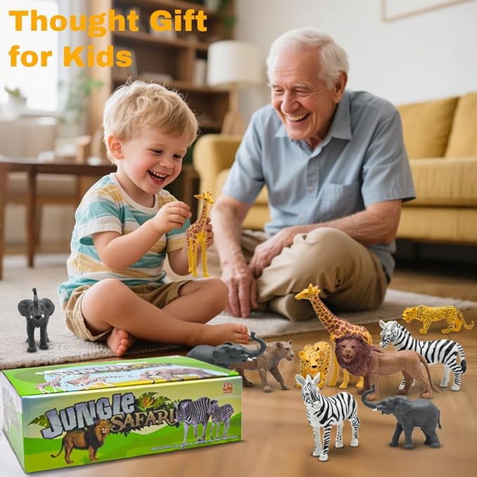 Safari Animals Figures, Plastic Zoo Animals Toys for Toddlers 1-3, Realistic Jungle Animal Figurines for Kids 3-5, 12 pcs Wild Animal with Elephant Giraffe Lion, African Toys Gift for Boys Girls