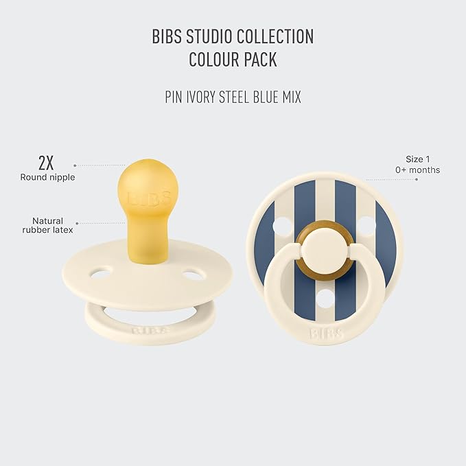 BIBS Pacifiers - Studio 2 Pack | Round Nipple Baby Pacifier | BPA Free Natural Rubber Latex Soother | Made in Denmark | Size 0+ Months | Pin Ivory Steel Blue