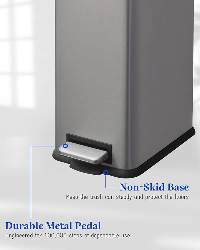 12 Gallon Slim Kitchen Trash Can, Stainless Steel Trash Can with Removal Inner Bucket and Soft-Close Lid, Pedal Garbage Can 45 Liter, Kohler Grey