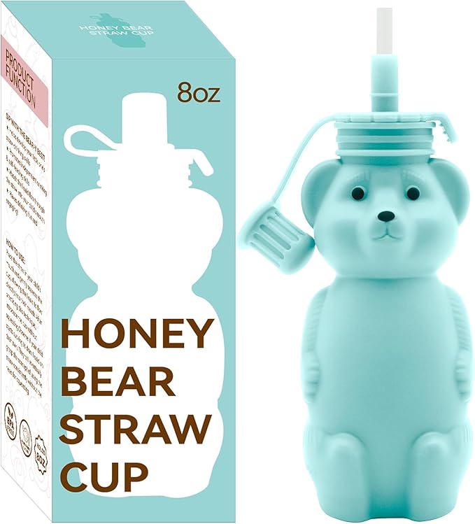 Honey Bear Silicone Straw Cup, Babies Water Drinking Cup, 8-Ounce Therapy Sippy Bottles for Speech and Feeding Training, BPA Free & Dishwasher Safe (AQUA)