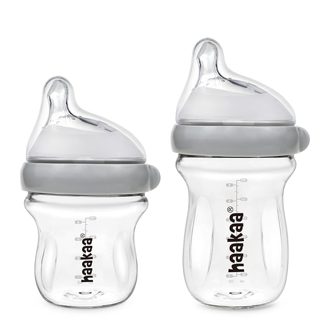 haakaa Gen.3 Natural Glass Baby Bottle Set 4.2oz & 6oz - Wide Neck Anti-Colic Slow Varibale Flow Nipple, 0M+ 3M+ 6M+ Breastfed Babies