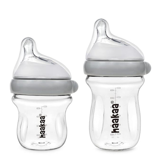 haakaa Gen.3 Natural Glass Baby Bottle Set 4.2oz & 6oz - Wide Neck Anti-Colic Slow Varibale Flow Nipple, 0M+ 3M+ 6M+ Breastfed Babies