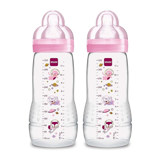 MAM Easy Active Baby Bottles 11oz, Fast Flow Skinsoft Silicone Nipple with Wide Neck Ergonomic Design, Easy to Hold, BPA-Free, Bottles with Leak-Proof Caps for 4+ Months Baby