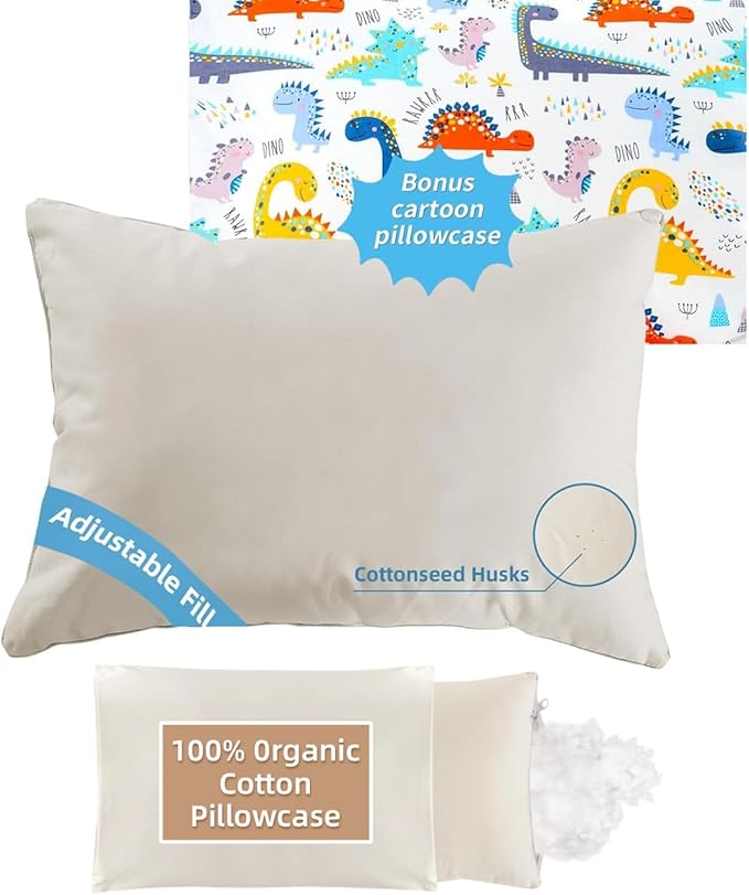 LOFE Organic Plilow with Cartoon Pillowcase - 16x22 Kids Pillow with 100% Organic Cotton Shell, Adjustable Organic Youth Pillow, Machine Washable, Soft,for Kids&Youth&Children (Dinosaur)