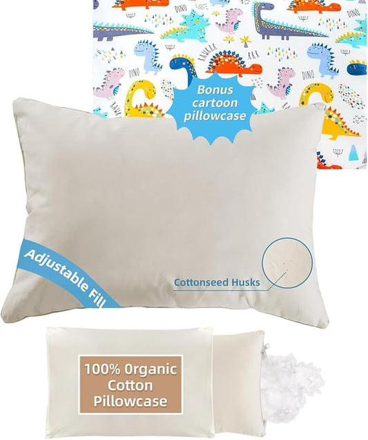 LOFE Organic Plilow with Cartoon Pillowcase - 16x22 Kids Pillow with 100% Organic Cotton Shell, Adjustable Organic Youth Pillow, Machine Washable, Soft,for Kids&Youth&Children (Dinosaur)