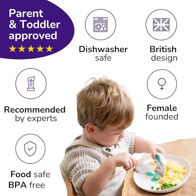 doddl Baby and Toddler Plate, Non-Slip Base, Ergonomic Toddler Dishes for Self Feeding, 1-3 Year Olds, Dishwasher Safe, BPA Free (White & Aqua)