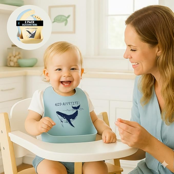 Animal Silicone Bibs for Babies - 2 Pack Sea Life Bibs for Boys and Girls - Easy to Clean Adjustable