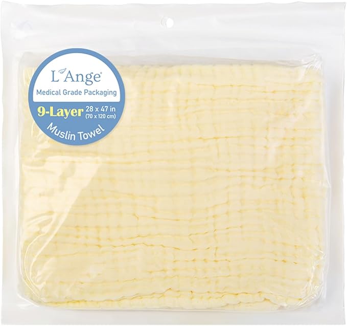 L'Ange Baby Bath Towel - 9 Layers 100% Cotton Muslin, Super Quick Dry, Medical Grade Packaging for Infants and Newborns - 28 x 47in - Yellow