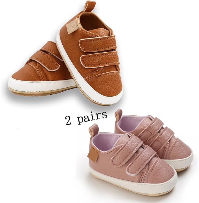 2Pairs Baby Shoes,Boys Girls Non-Slip Rubber Sole Sneakers,Unisex Infant Soft Lightweight First Walking Crib Shoes