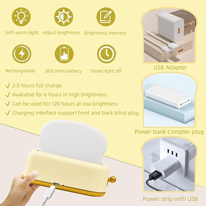 Cute Desk Decor Toaster Lamp, Kawaii Accessories Small LED Night Light for Kids Teen Girls, Room Decor Toast Lamp for Bedroom, Bedside, Living Room Aesthetic Stuff, Gift