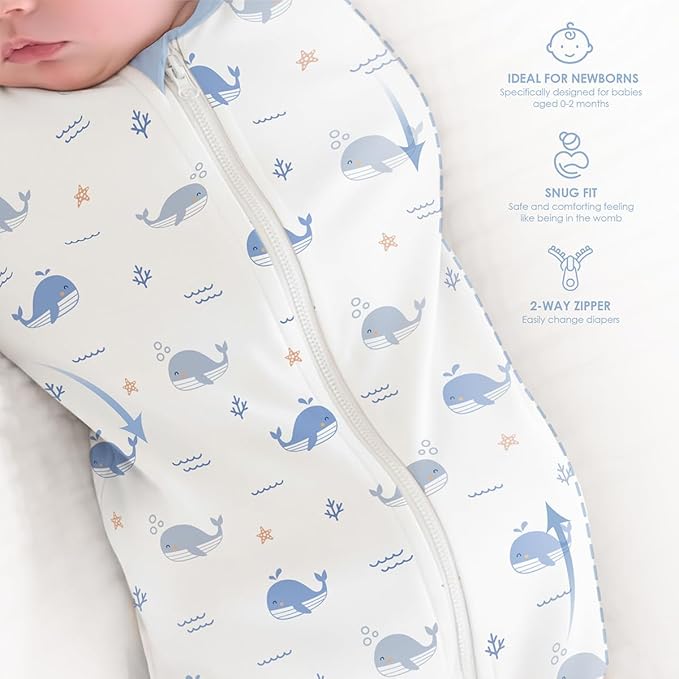 Baby Swaddle 0-2 Months, Cotton Arm-In Zipper Sleep Sack, Wearable Blankets Wrap for Newborn Infant Girls and Boys (Whale, Pack of 1)