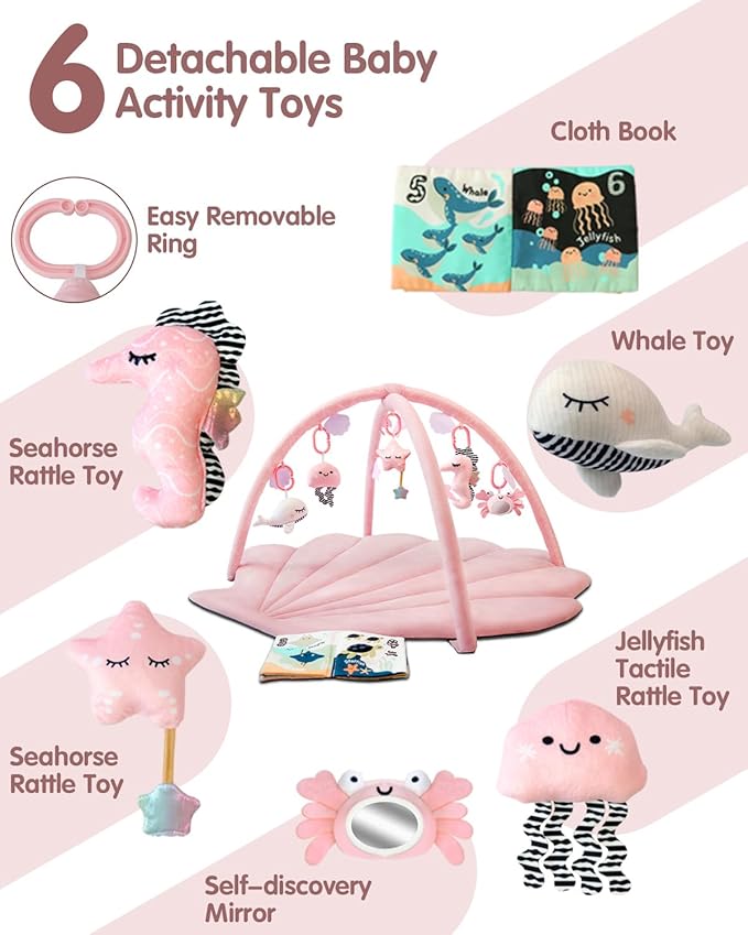 Baby Play Gym Mat, Oversize Baby Tummy Time Play Mat with 6 Detachable Toys for Sensory Exploration Motor Skill Development, Newborn Essentials Shower Gift Activity Mats for Babies 0-6 Months 6-12 Months