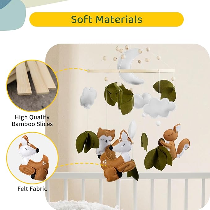 FEISIKE Baby Mobile for Cirb, Woodland Animals Theme Bassinet Baby Nursery Mobiles for Boys and Girls, Squirrel Crib Mobile Hanger for Infant Bedroom Hanging Decoration