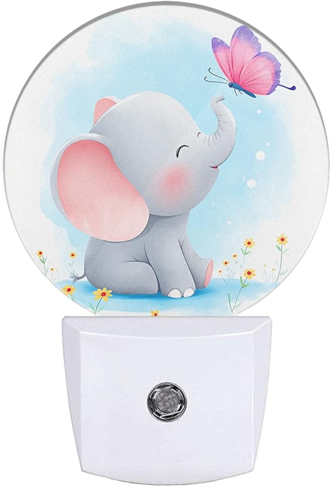 EKOBLA Watercolor Elephant Night Light Cute Little Elephant Play Butterfly Night Lights Plug into Wall with Dusk to Dawn Sensor Round LED Lamp for Girls Boys Nursery