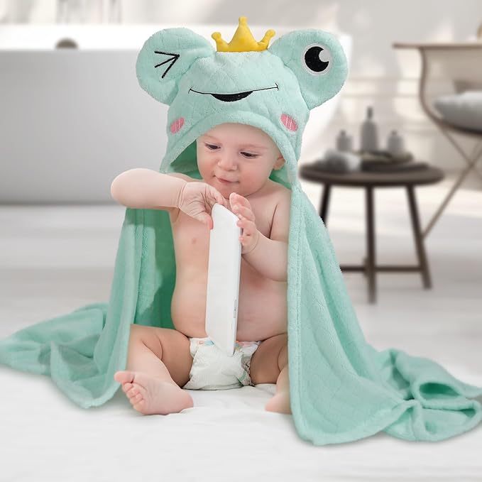 Hooded Baby Towels, 2-Pack Thick Absorbent Large 50"x 32" Baby Towels with Hood Aniaml for Children,Shower,Beach, Green & Orange Set