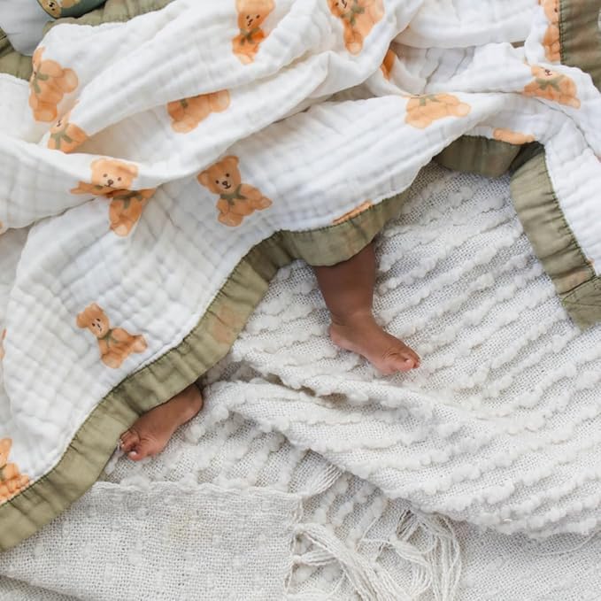 100% Cotton Muslin Baby Blanket | Soft & Breathable 6-Layer Baby Blanket | Lightweight Quilt for Newborns, Infants & Toddlers | Gender-Neutral (Teddy Bear)