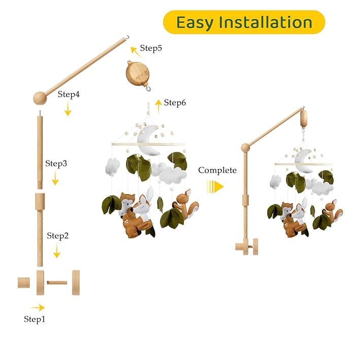 FEISIKE Woodland Animals Theme Bassinet Baby Nursery Mobiles with Modes Digital Music Box 3In1 Set-34 Inch Wooden Mobile Arm for Crib Mobile Hanger for Crib Baby Nursery Decor