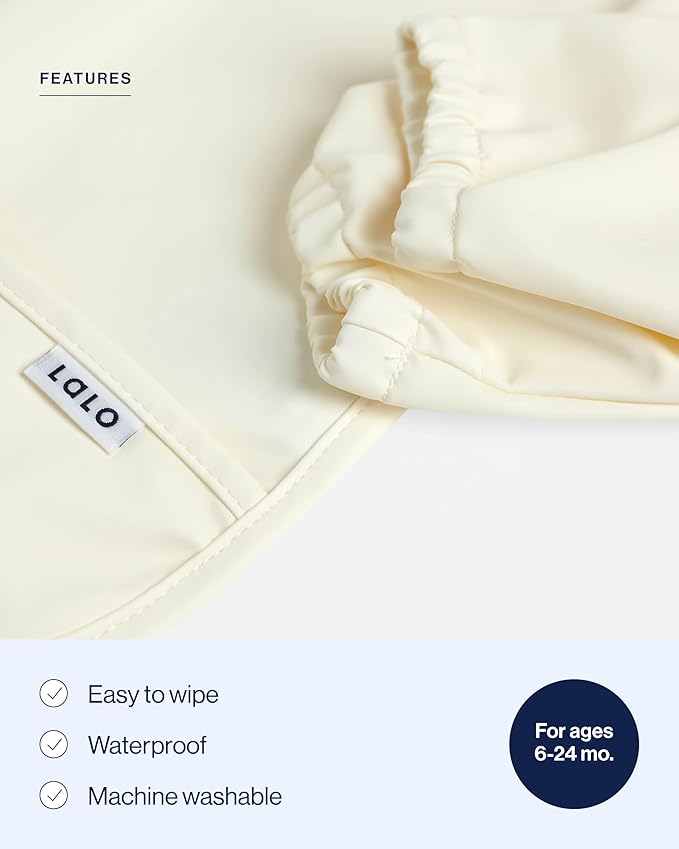 Lalo Smock Bib - Long Sleeve Bib for Infants and Toddlers - Elastic Cuffs, Large Catch-All Pocket, Waterproof Recycled Polyester - Easy to Clean for Mealtime and Art Time - Oatmeal Infant