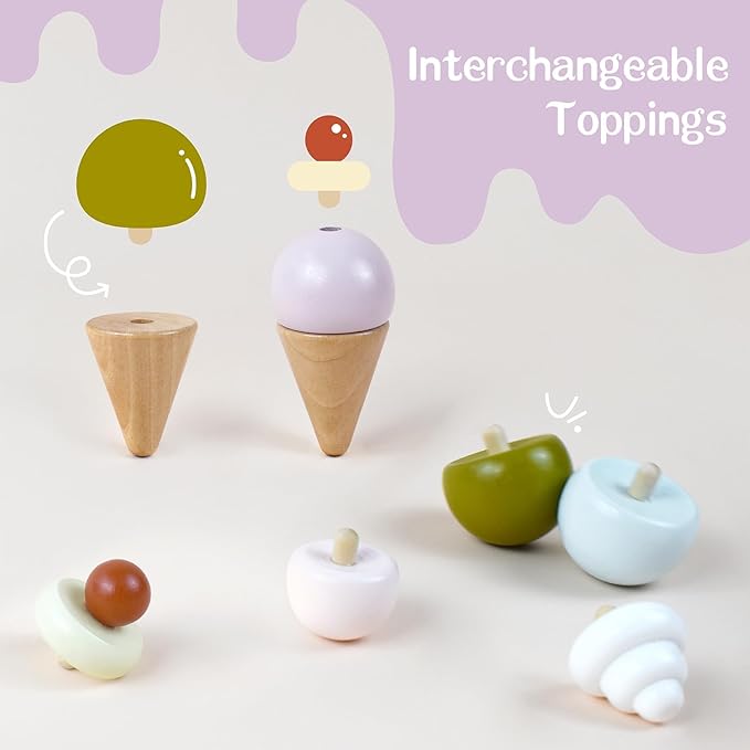Wooden Ice Cream Play Set for Kids – 24 PCS Pretend Ice Cream Toy Counter with Cones, Popsicles, Toppings, Sauces & Spoons – Wooden Play Food Toys, Role Kitchen Accessories for Toddlers 3-5