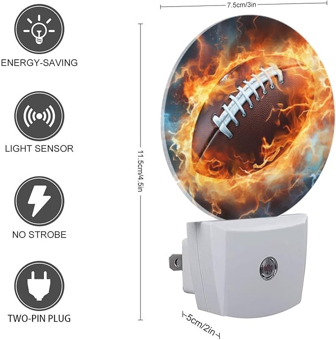 Round LED Night Lights Lamp with Dusk to Dawn Sensor, American Football Ball on Fire Night Light Plug Into Wall for Kids Room, Bedroom, Bathroom, Kitchen, Hallway
