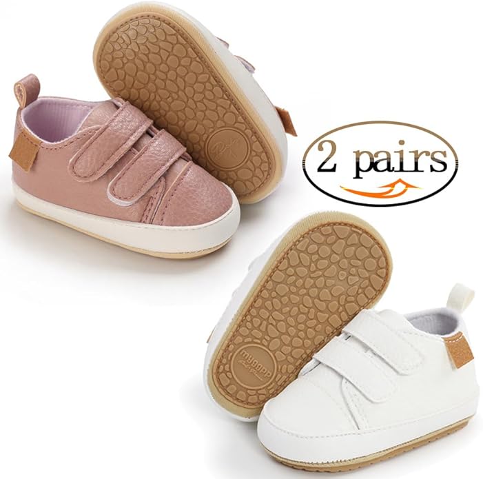 2Pairs Baby Shoes,Boys Girls Non-Slip Rubber Sole Sneakers,Unisex Infant Soft Lightweight First Walking Crib Shoes