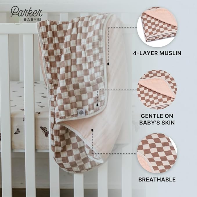 Parker Baby Muslin Blanket | 100% Soft Cotton Toddler Quilt & Baby Muslin Swaddle | Gender Neutral Design 47" x 47" Blanket