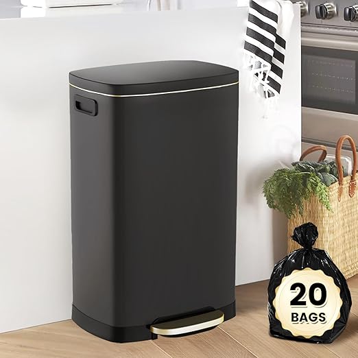 ELPHECO Kitchen Trash Can with Lid Soft Close, 13 Gallon / 50L Stainless Steel Pedal Garbage Can, Heavy-Duty Fingerprint Proof Step Wastebasket with 20 Bags, Removable Bucket, Home Office, Matte Black