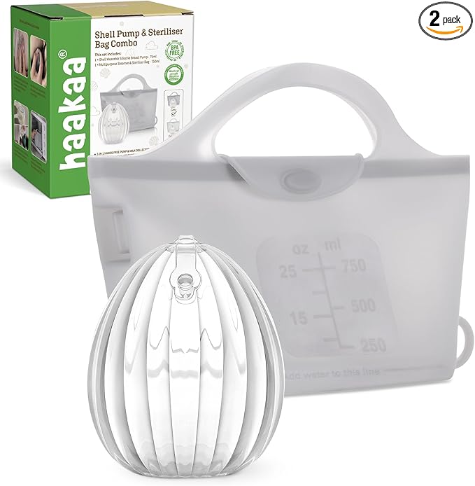 haakaa Wearable Silicone Breast Pump with Steriliser Bag, 2-in-1 Hands-Free Passive Breast Milk Catcher for Nursing Mom, Breastfeeding Essentials, 75ml Shell Pump & 750ml Steriliser Bag - Grey