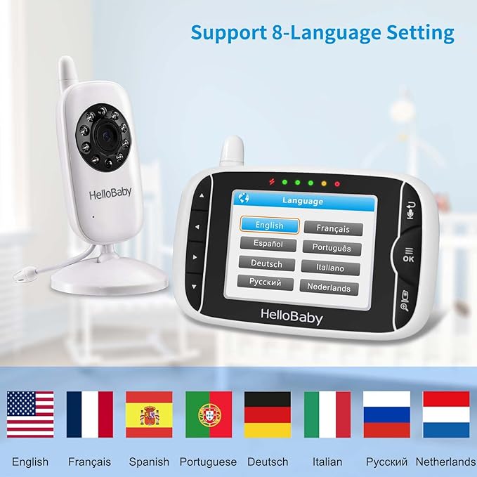 HelloBaby Baby Monitor with 2 Cameras, Baby Monitor No WiFi, Night Vision, 2-Way Audio, Remote Pan & Tilt, 2X Zoom, ECO Mode, 8 Lullabies, Sound Activated Screen
