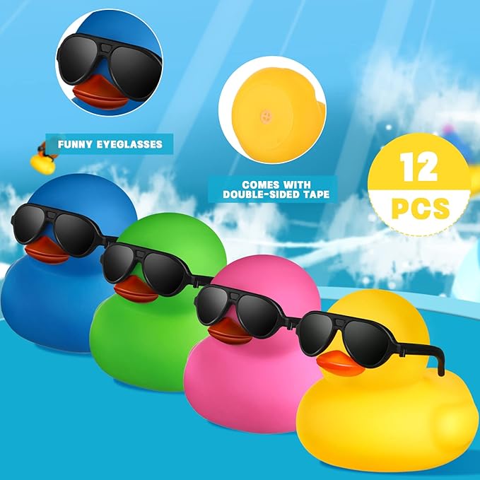 Chivao 12 Pcs Rubber Ducks with 12 Sunglasses/ Hats/ Headwear Small Mini Carnival Cruise Birthday Rubber Duckies Bathtub Toys in Bulk(Duck with Sunglasses,Multicolor)