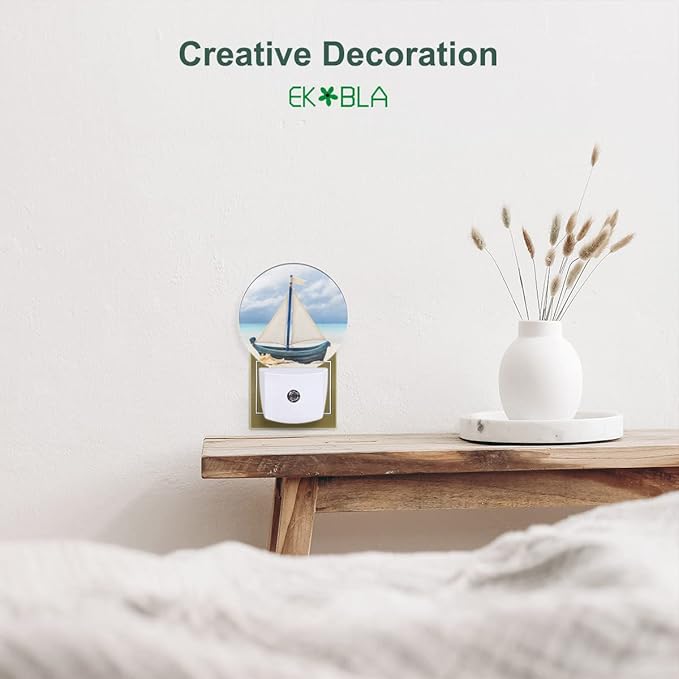 EKOBLA Nautical Night Lights Plug into Wall Sea Boat Ship on Beach Night Light LED Round Lamp for Coastal Room Decorations, 0.5W Nightlight Sleep Friendly