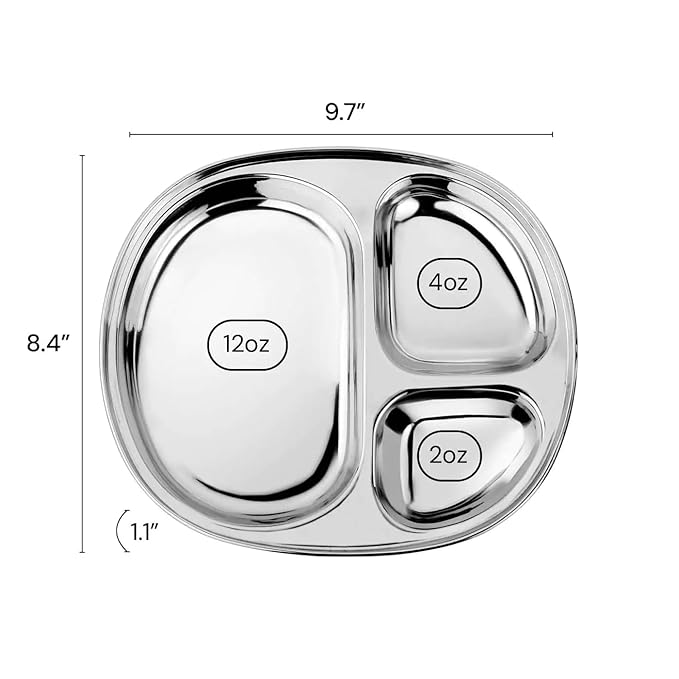 Ahimsa Stainless Steel Plates for Kids - Divided Plates for Toddlers, Pediatrician Designed, Non Toxic Toddler Plate, Camping Plate, BPA Free & Dishwasher Safe (Set of 4)