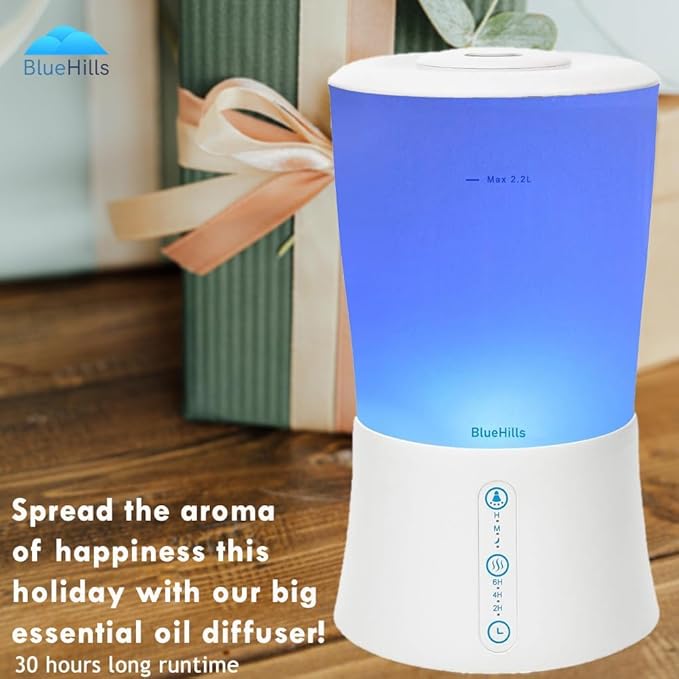 BlueHills Large 2000 ML XL Essential Oil Diffuser Premium Aromatherapy Humidifier for Big Room Home Long Run Extra Large Capacity for Huge Area 2 Liter 2L Color Changing Lights Cool High Mist White-S1