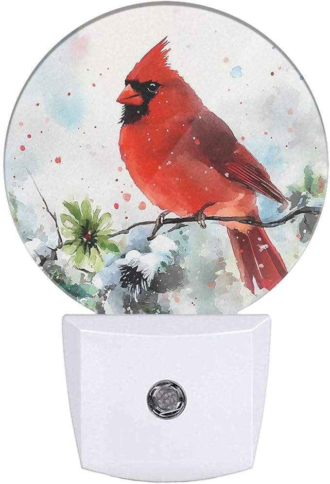 EKOBLA Watercolor Cardinal Night Light Winter Snow Red Bird on Branch Night Lights Plug into Wall Auto Sensor LED Plug-in Nightlights for Home Indoor Bedroom Kitchen Hallway Christmas