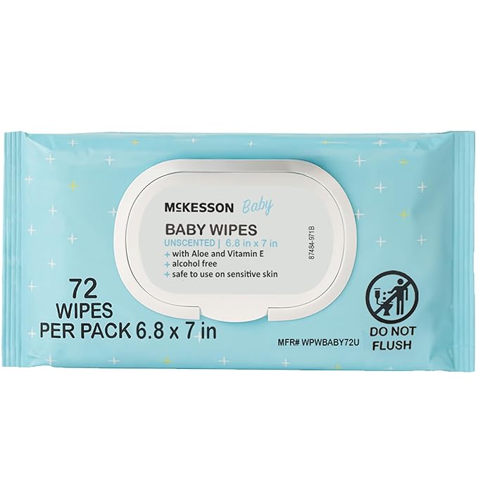 McKesson Baby Wipes, Unscented (1 Pack, 72 Wipes) - Aloe & Vitamin E, 99% Water, Flip-Top Lid, Wipes for Sensitive Skin & Diaper Rash, 6.8 in x 7 in, 72 per Pack