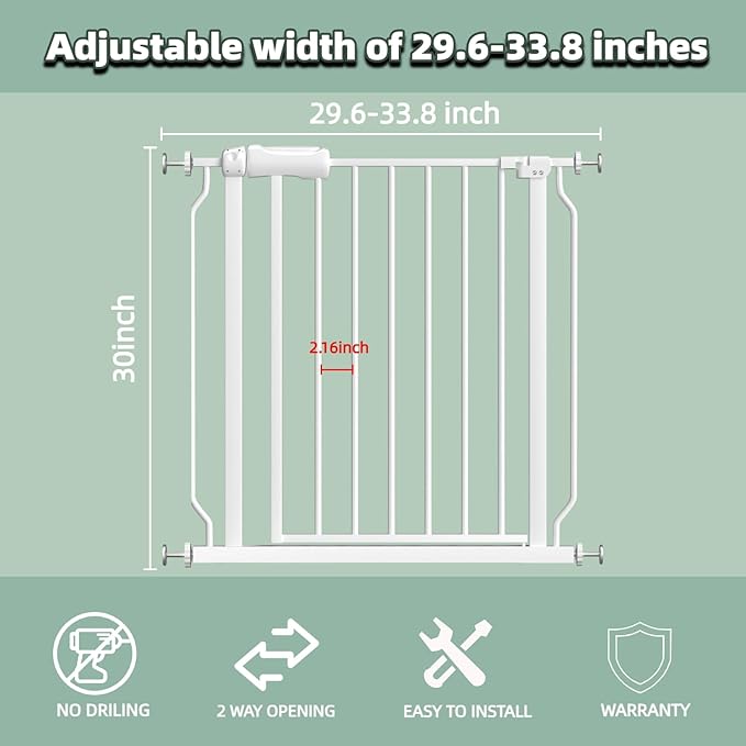 TSAYAWA Extra Wide Baby Safety Gate 29.6-33.8Inch Auto Close Child Gates, Pressure Mounted Gate for Stairs & Doorways, Indoor/Outdoor Heavy-Duty Pet Gate for Toddlers, Dogs, White